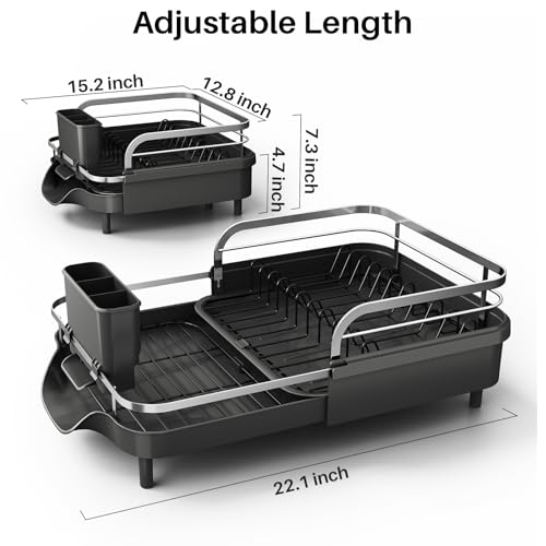 SNTD Expandable Dish Drying Rack for Kitchen Counter, 15.2-22.1 in, Black | Rust-Resistant Stainless Steel, Protective Side Rails, Self-Draining Drainboard, Removable Utensil Holder