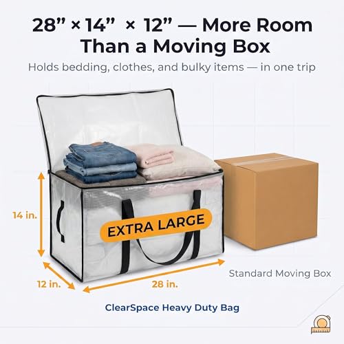 ClearSpace Oversized Moving Bags or Storage Bag – Large Moving Boxes with Backpack Straps, Zippers & Handles – Heavy-Duty Packing Bags for Moving, College Dorm, Christmas Decorations, 6 Pack