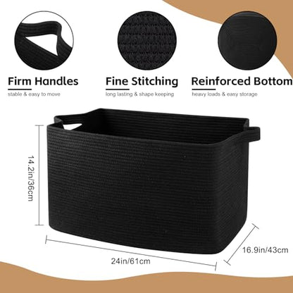 OIASKET 95L Extra Large Blanket Basket, 24" x 16.9" x 14.2" Woven Storage Basket for Living Room, Rectangle Nursery Blanket Storage for Toys, Towels, Dirty Clothes (Black)