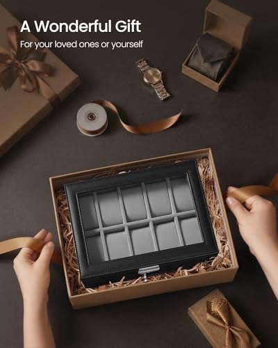 SONGMICS Watch Box, 20-Slot Watch Case Organizer, Black | Large Glass Lid, Removable Pillows, Metal Lock, Gift for Loved Ones, Grey Lining UJWB036B101