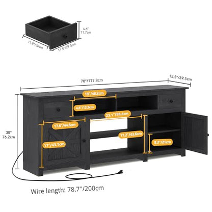 DWVO Farmhouse TV Stand with Power Outlet for 75"/80" TVs, Black | Entertainment Centers Furniture, TV Consoles with Storage Drawers, Rustic TV Stands for Living Room