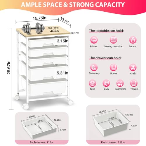Rolling Cart with 5 Drawers for Craft, Art, Dorm, Office, White | Utility Cart Organizer With 5 Removable Drawers and Wooden Tabletop, Lockable Rolling Storage Organizer for Classroom, Home