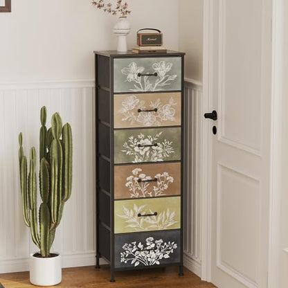 Vintage Dresser Vertical Nightstand with Neutral Botanical Plant Fabric Chest Drawers for Closet Bathroom Storage Tower Unit Bed Side Organizer Farmhouse Rustic (Multi, 6 Drawers)