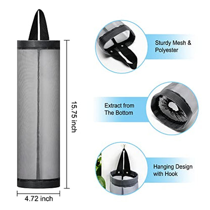 Bag Holder for Plastic Bags, 2 Pcs Polyester Grocery Bag Holder Plastic Dispenser Foldable Breathable Washable Hanging Mesh Garbage Bag Organizer for Kitchen Plastic Bag Storage (Gray)