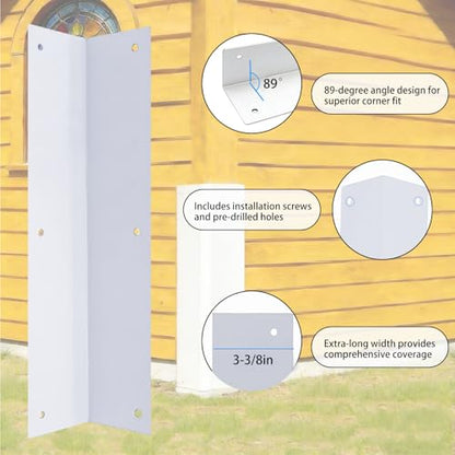2 Pack White Stainless Steel Corner Guards, 3 3/8" x 3 3/8" x 11 3/4" | Metal Siding Corner Protector, 89° Angle, Outdoor Protection for Exterior Walls, Fences & Pavilions