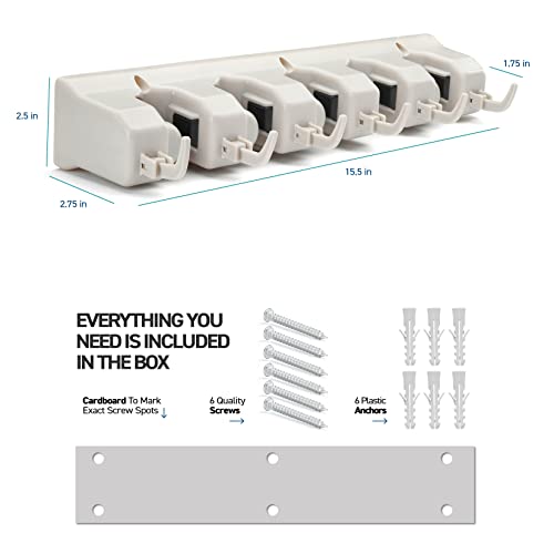 HOME IT Broom and Mop Holder Wall Mount – Heavy Duty Garage Organizer with 5 Slots & 6 Hooks, 7.5lbs Capacity Per Slot - Easy Install Storage Rack for Home, Kitchen, Laundry Room & Garden - Off-White