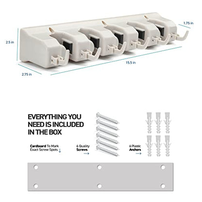 HOME IT Broom and Mop Holder Wall Mount – Heavy Duty Garage Organizer with 5 Slots & 6 Hooks, 7.5lbs Capacity Per Slot - Easy Install Storage Rack for Home, Kitchen, Laundry Room & Garden - Off-White