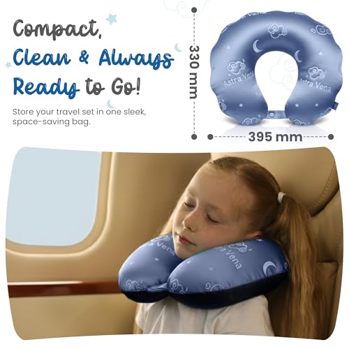 Child Travel Sleep Mask and Pillow Set - 2 in 1 Cute Character Design for Kids Rest, Naps and Relaxation. Soft Comfort with Bag Cover, Perfect for Flights, Car Trips 33cm (Blue)