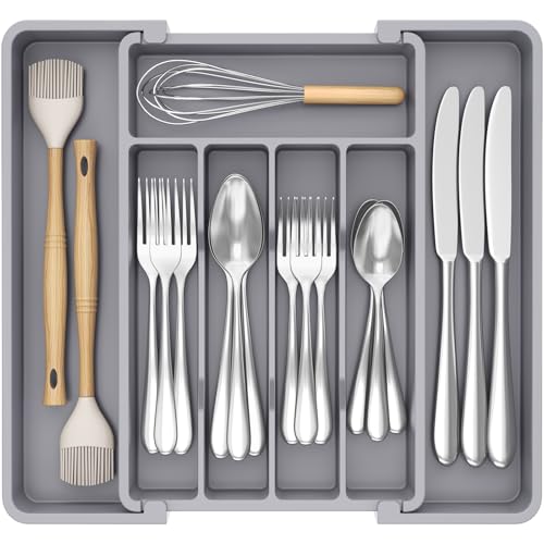 Silverware Drawer Organizer, Expandable Utensil Tr... (Gray | Plastic)