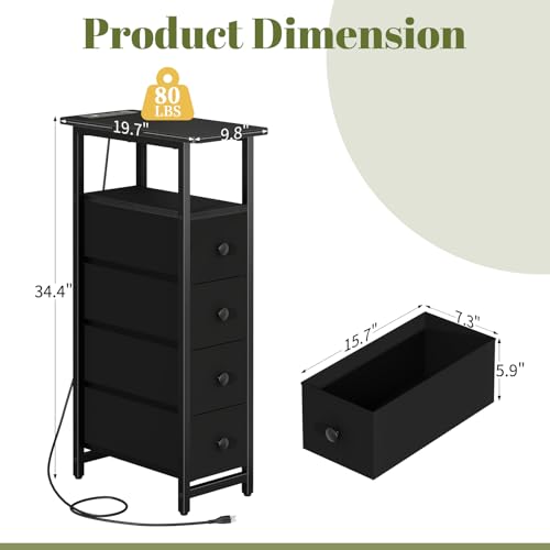 Yoobure LED Narrow Nightstand with Charging Station - Slim Dresser for Bedroom Narrow Side Table Storage Cabinet, Small Dressers Chest of Drawers, Tall Skinny Night Stand End Table for Small Spaces
