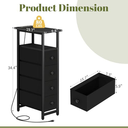 Yoobure LED Narrow Nightstand with Charging Station - Slim Dresser for Bedroom Narrow Side Table Storage Cabinet, Small Dressers Chest of Drawers, Tall Skinny Night Stand End Table for Small Spaces