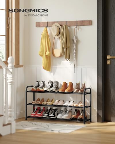 SONGMICS Expandable Shoe Rack, Adjustable Shoe Organizer Storage Shelf, Sturdy and Heavy-Duty, for Closet, Entryway, Living Room, 3-Tier, Ink Black ULMR036BD01