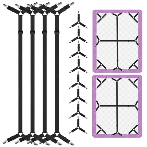 EasYoung 12PCS Bed Sheet Straps, Secure & Adjustable Fitted Sheet Holders for Full, Queen, King & More, Heavy Duty Nylon & Metal Clips