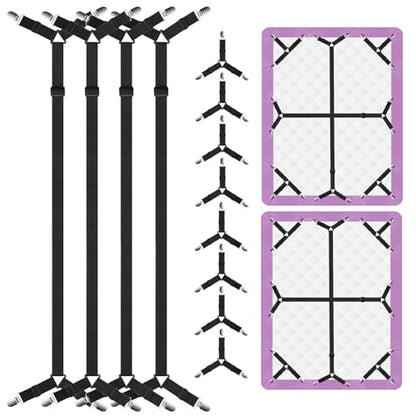 EasYoung 12PCS Bed Sheet Straps, Secure & Adjustable Fitted Sheet Holders for Full, Queen, King & More, Heavy Duty Nylon & Metal Clips