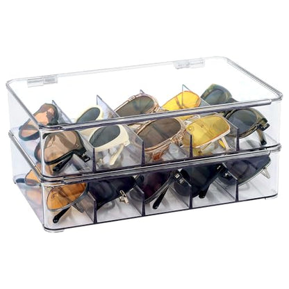 FORUP Sunglasses Organizer, Plastic Stackable Eyeglass Case Storage Organizer, Sunglass Glasses Storage Box with Hinged Lid
