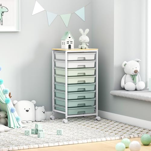 Rolling Cart with Drawers,Craft Organizers and Storage, Green | Rolling Storage Cart with 8 Drawers and Wooden Tabletop for Living Room,Office,Classroom,Craft Room,Bedroom,Dorm