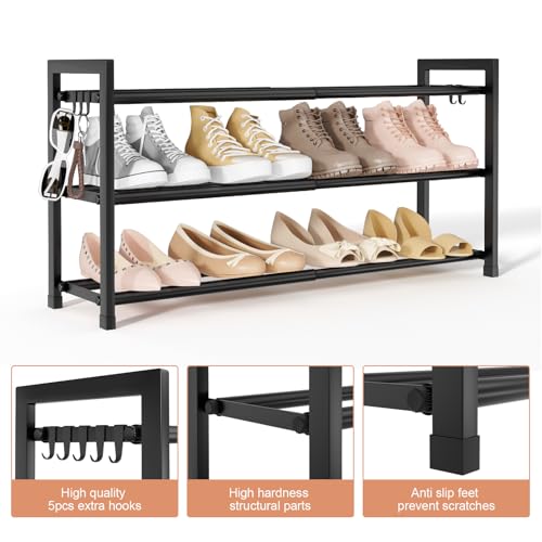 LANTEFUL 3-Tier Expandable Shoe Rack for Closet, Adjustable 18"-33" Metal Shoe Organizer for 12 Pairs, Shoe Shelf for Small Spaces, Entryway, Bedroom with 5 Hooks