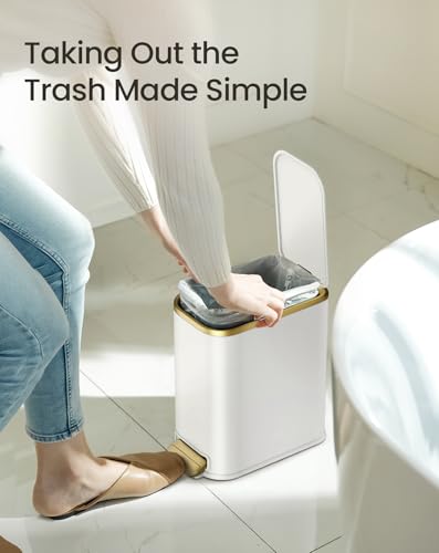 Cesun Small Bathroom Trash Can with Gold Grimmed Lid & Pedal, 1.3Gal, White | Soft Close Lid, Removable Inner Bucket, Slim Stainless Steel Waste Basket for Home Office, Included 5 Trash Bags, Hidden Bags