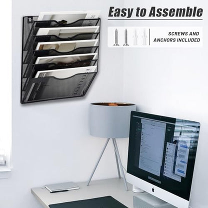 5 Pocket Mesh Hanging Wall File Organizer, Wall Mounted Mail Paper Document Folder Holder, Clipboard Storage Organization Magazine Rack with Nametag Label for Office Home School, Black