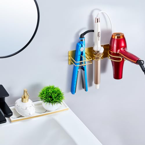 Blow Dryer Holder Wall Mounted Curling Iron Holder, 3 in 1 Hair Tool Organizer for Straightener, Curling Iron, Hair Dryer Holder Adhesive Flat Irons Storage for Bathroom Barber Shop (Gold)