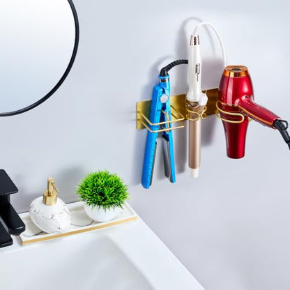 Blow Dryer Holder Wall Mounted Curling Iron Holder, 3 in 1 Hair Tool Organizer for Straightener, Curling Iron, Hair Dryer Holder Adhesive Flat Irons Storage for Bathroom Barber Shop (Gold)