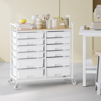 TOOLF 12 Drawers Rolling Storage Cart with Wooden Top for Classroom,White | Teacher Cart Craft Art Supply Organizer, Utility Cart with Lockable Wheels for Home Household Essentials, Office Organization