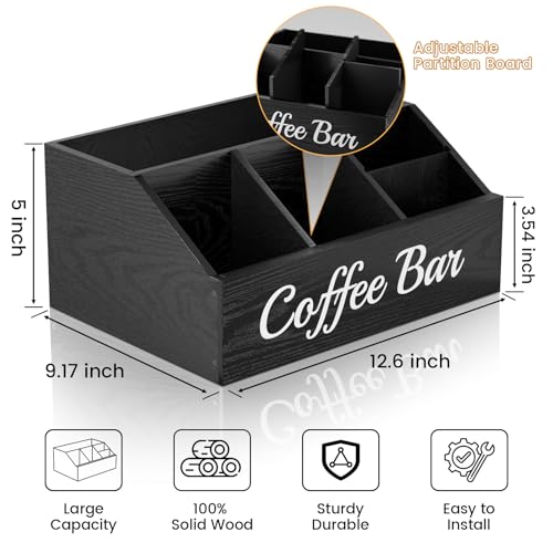 Coffee Station Organizer for Countertop – Wooden Coffee Bar Organizer with Adjustable Dividers,Holds K Cup Pod & syrup bottles, for Kitchen, Office, or Bar and Tea Station, Black