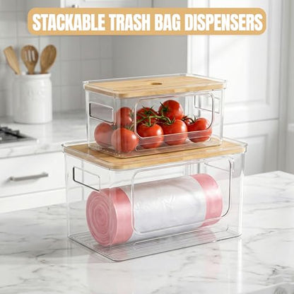 2 Pack Trash Bag Dispenser with Anti-Slip Pads (XL+S) - Stackable Garbage Bag Dispenser with Bamboo Lid and Anti-Slip Bottom, Laundry Room, Pantry, Under Sink Organizer and Storage