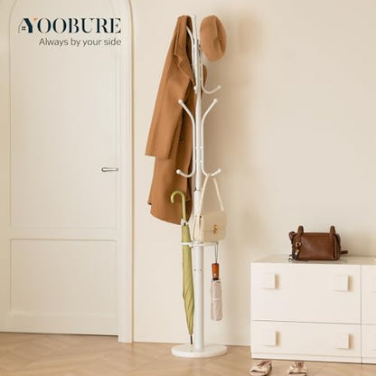Yoobure Metal Coat Rack Freestanding with Marble Base, Coat Tree with 12 Hooks & Umbrella Holder, Coat Hanger Stand for Corner Entryway Bedroom Office, Heavy Duty Coat Rack Stand for Clothes Hats Bags