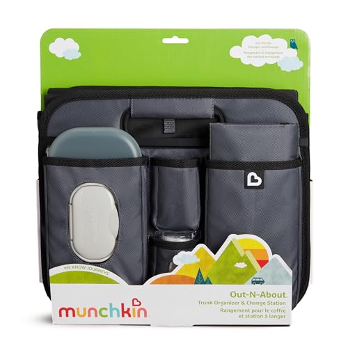 Munchkin Out-n-About Trunk Organizer for SUVs and Cars with Portable Changing Pad and Wet Baby Wipes for Diaper Changes On-the-Go, Collapsible, Grey
