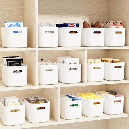 ORGIDOL 10 Pack White Plastic Storage Bins, Storage Container for Organizing, Storage Boxes with Handle for Shelves, Cute Organizer Bins for Craft, Snacks, Pantry, Cabinet, 9.69x6.7x5.7 inch