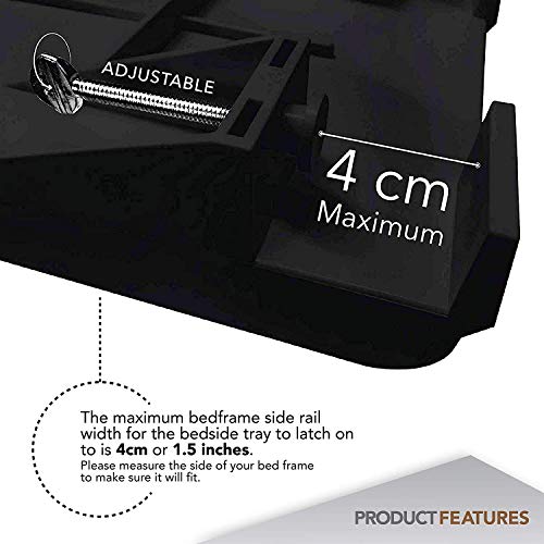 Modern Innovations Bedside Shelf for Bed, College Dorm Room, Bunk Bed Shelf/Caddy for Top Bunk, Clip On Nightstand Tray with Cord and Cup Holder for Table Storage (Black)
