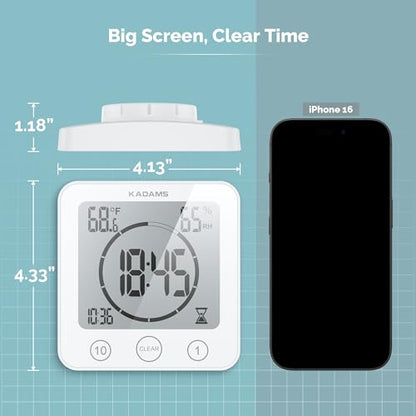 KADAMS Shower Clock Waterproof Bathroom Timer – Digital Wall Clock with Countdown, Magnetic Kitchen Clock with Temperature & Humidity, Suction Cup for Kids Shower Spa Sauna Cook Bath, White