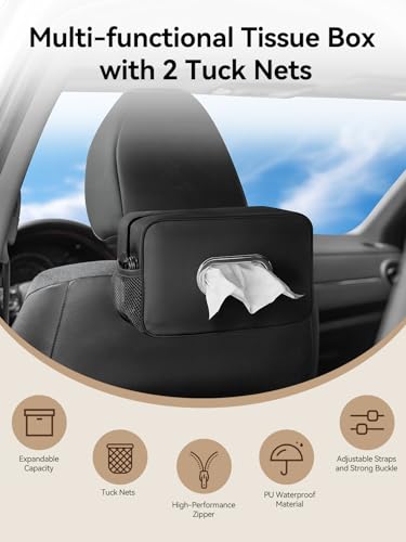 Multi-Functional Car Tissue Holder with 2 Storage Nets, Upgraded PU Leather Tissue Box Cover, Large Rectangle Napkin Organizer Fit for 100-160 Regular Size Tissues, Keep Car Tidy, Black