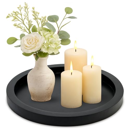 Black Round Wood Decorative Tray for Coffee Dining... (Black | Paulownia Wood)