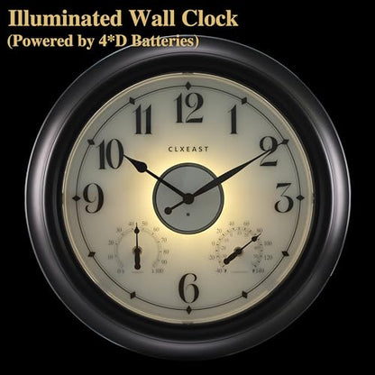 18 Inch Large Illuminated Outdoor Clocks Waterproof, Bronze Black | Built In Adjustable Thermometer & Hygrometer, IP65 Weatherproof, Accurate & Easy to Read for Patio,Pool & Home Decor