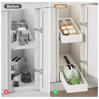 Pull out Cabinet Organizer,7"-11"W, 17"-24"D,Expandable,Adhesive | No Drill,Adjustable Slide out Drawers for Kitchen,Pantry,Roll out Shelves,for Cabinets Without Lip,Bathroom,White,1PC