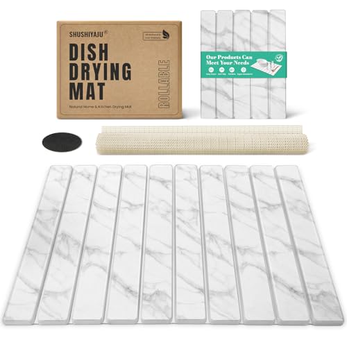 Stone Dish Drying Mat Collapsible Diatomaceous Earth Absorbent Mat Quick Dish Drying Pad Dish Rack Pad Match Any Counterto Multiple Usage for Kitchen,Bathroom (White Marble Pattern, 24"L x 16"W)