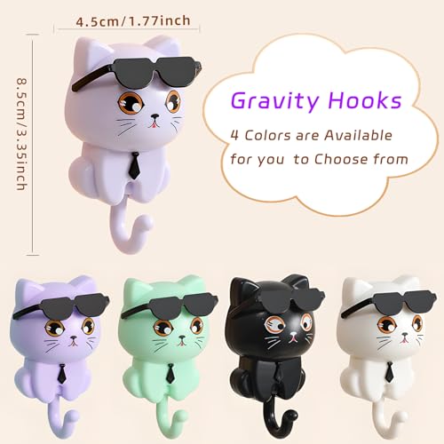 Adhesive Coat Hooks Key Holder, Creative Adhesive Cute Cat Key Hook, Home Storage Utility Wall Decorations for Hanging Hat, Key, Towel, Scarf, Bags, Punch Free (Black+White+Green+Purple)