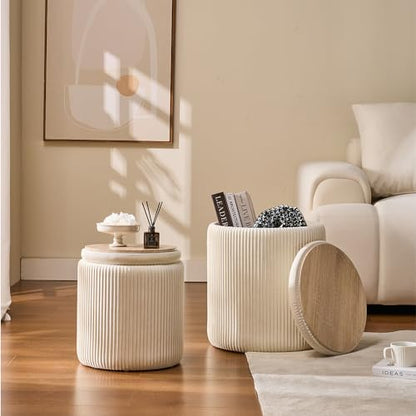 Set of 2 Round Storage Ottoman, White Velvet Ottoman with Storage | Upholstered Padded Vanity Stool, Multifunctional Coffee Table & Foot Rest for Bedroom, Living room with Hidden Storage Space