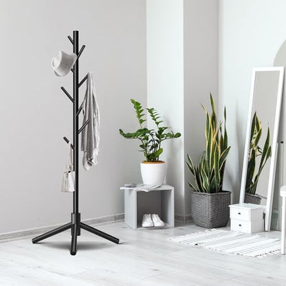 Unisakey 8-Hook Freestanding Wooden Coat Rack 3 Adjustable Heights Black | Stable Triangular Base for Safety,Durable Construction,Simple Tool-Free Assembly,Ideal for Bedroom Hallway Office Entryway