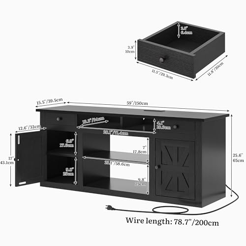 YITAHOME Farmhouse TV Stand with Storage Cabinets for 65" TV, Black | 59 Inch Entertainment Center with Drawers, Power Outlet, Adjustable Shelves, TV Media Console for Living Room