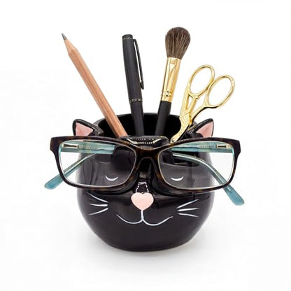 Cat Glasses Holder Stand and Vase - Black Cat Ceramic Sunglasses and Eyeglasses Stand Cat Lady Gift Display and Decor Organizer for Desk Accessories and Stationery Items