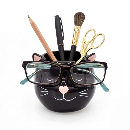 Cat Glasses Holder Stand and Vase - Black Cat Ceramic Sunglasses and Eyeglasses Stand Cat Lady Gift Display and Decor Organizer for Desk Accessories and Stationery Items
