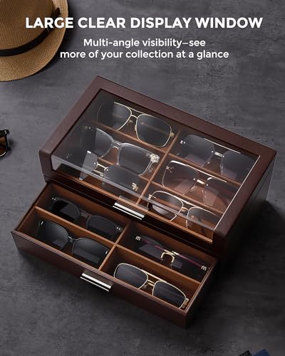 ProCase 12 Slots Sunglasses Box with L-Shaped Clear Lid -Espresso | Multiple Pairs Glasses Display Organizer Eyewear Eyeglass Eye Glass Storage Holder with Drawer for Men Women