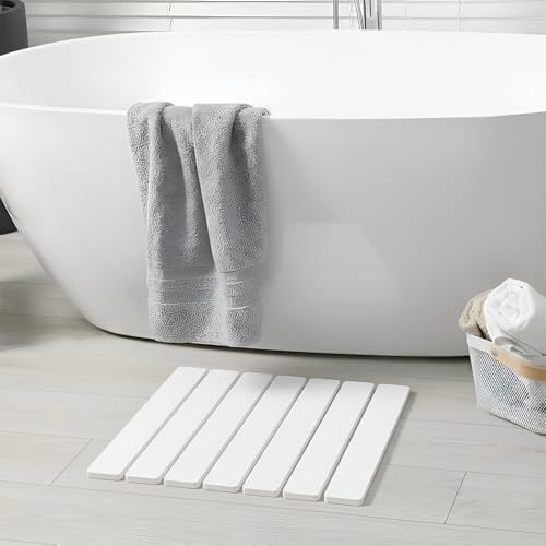 Meowoo Foldable Stone Bath Mat, 15.7"x11.8" Diatomaceous Earth Bath Mat, Non-Slip Quick Dry Bathroom Floor Mats, Super Absorbent, Easy to Clean, Stone Bathroom Floor Mats for Bathtub Front - White