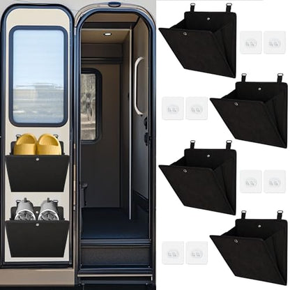 PUGPIU Wall Mounted Camper RV Shoe Rack Hanging Organizer Storage Foldable | Self-Adhesive Rv Shoe Holder - Space Saving for Camper Essential Home Travel with Deep Pocket Fit 1 Pair Shoes Black, 4 Pack