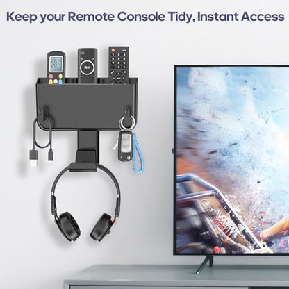 Adhesive Remote Control Holder Wall Mount with Headset Hanger, 3 in 1 Organizer TV/Fan Remote Caddy with Hook for Headphone, No Drill Controller Storage Bracket, Bed Wall Rack