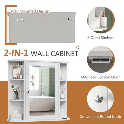 Bathroom Medicine Cabinet, Bathroom Mirror Cabinet Wall Mounted with 6 Side Open Shelves, White Wall Cabinet with Mirror, White