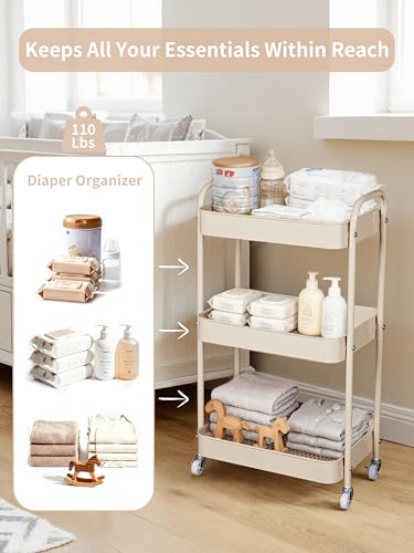 Baby Diaper Caddy, 3 Tier Rolling Storage Cart for Baby Essentials, Diaper Cart with Detachable Dividers, Storage & Baby Bottle Organizer, Nursery Dresser for Bedroom, Living Room (Taupe)